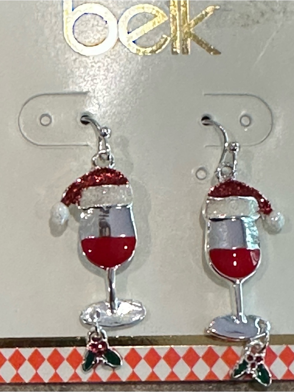 belk Red and Silver Wine Glass Santa Hat Dangle Earrings with silver toned metal